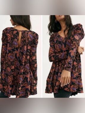 Free People Black Long-Sleeve Floral Swing Dress with Rust & Purple Print